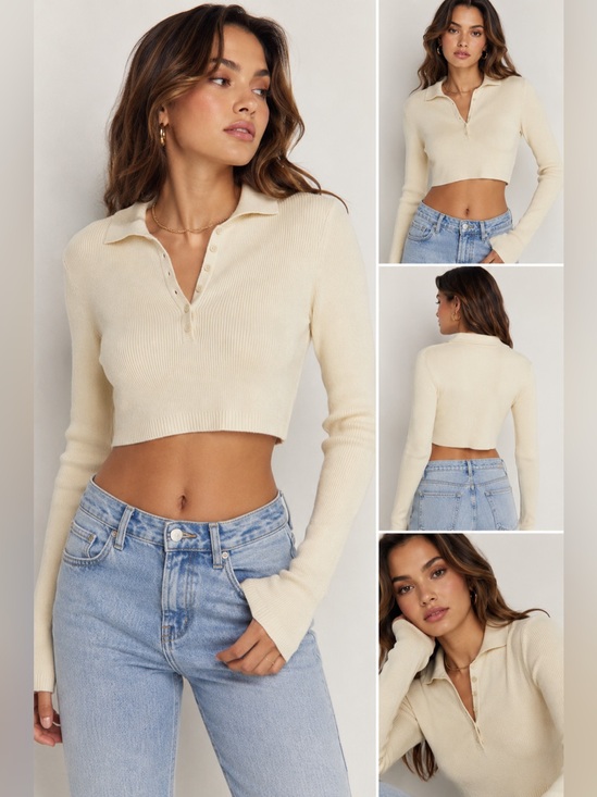For Love And Lemons Tops - For Love & Lemons Mona Cropped Polo Sweater in Ivory.